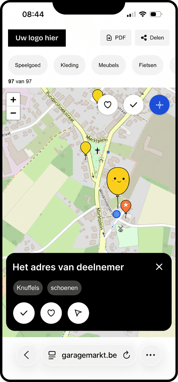Kaartweergave met deelnemers-pins en popup op mobiel