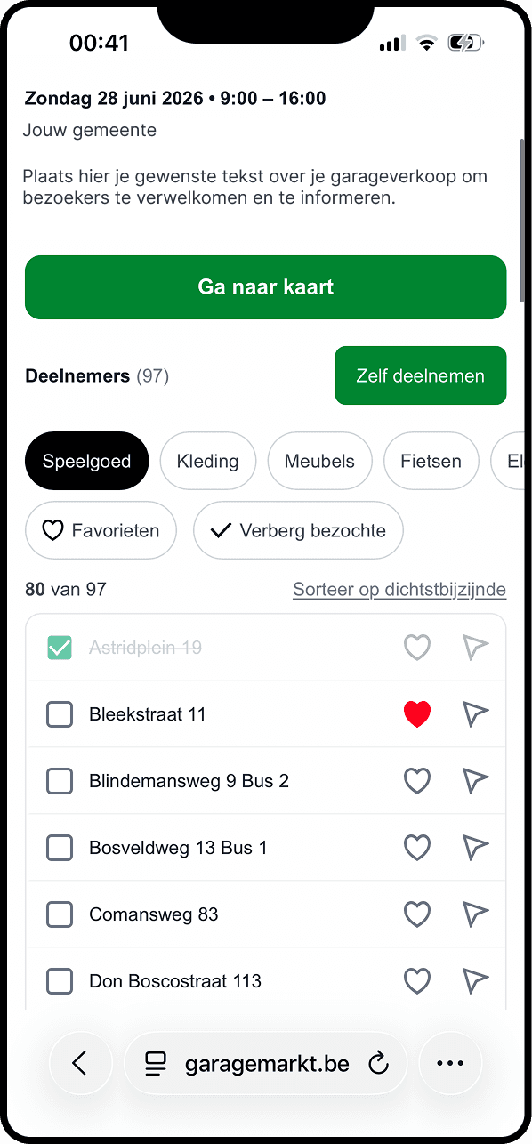 Deelnemerslijst met categorie-filters en favorieten op mobiel