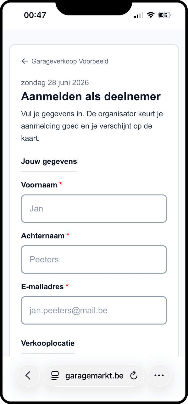 Aanmeldformulier voor deelnemers op mobiel